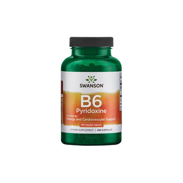 Swanson's Vitamin B6 Pyridoxine offers 250 capsules, each containing 100 mg in a green bottle, designed to boost energy and support cardiovascular health.